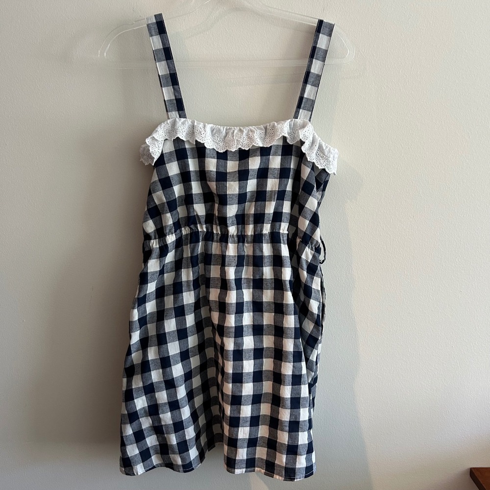 Kiel James Patrick Dress Navy Blue White Gingham Small Eyelet Lace Trim Cotton - Picture 8 of 8